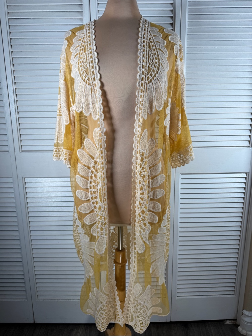 Ember Embroidered Mesh Duster Kimono M Mustard Cream Boho Longline